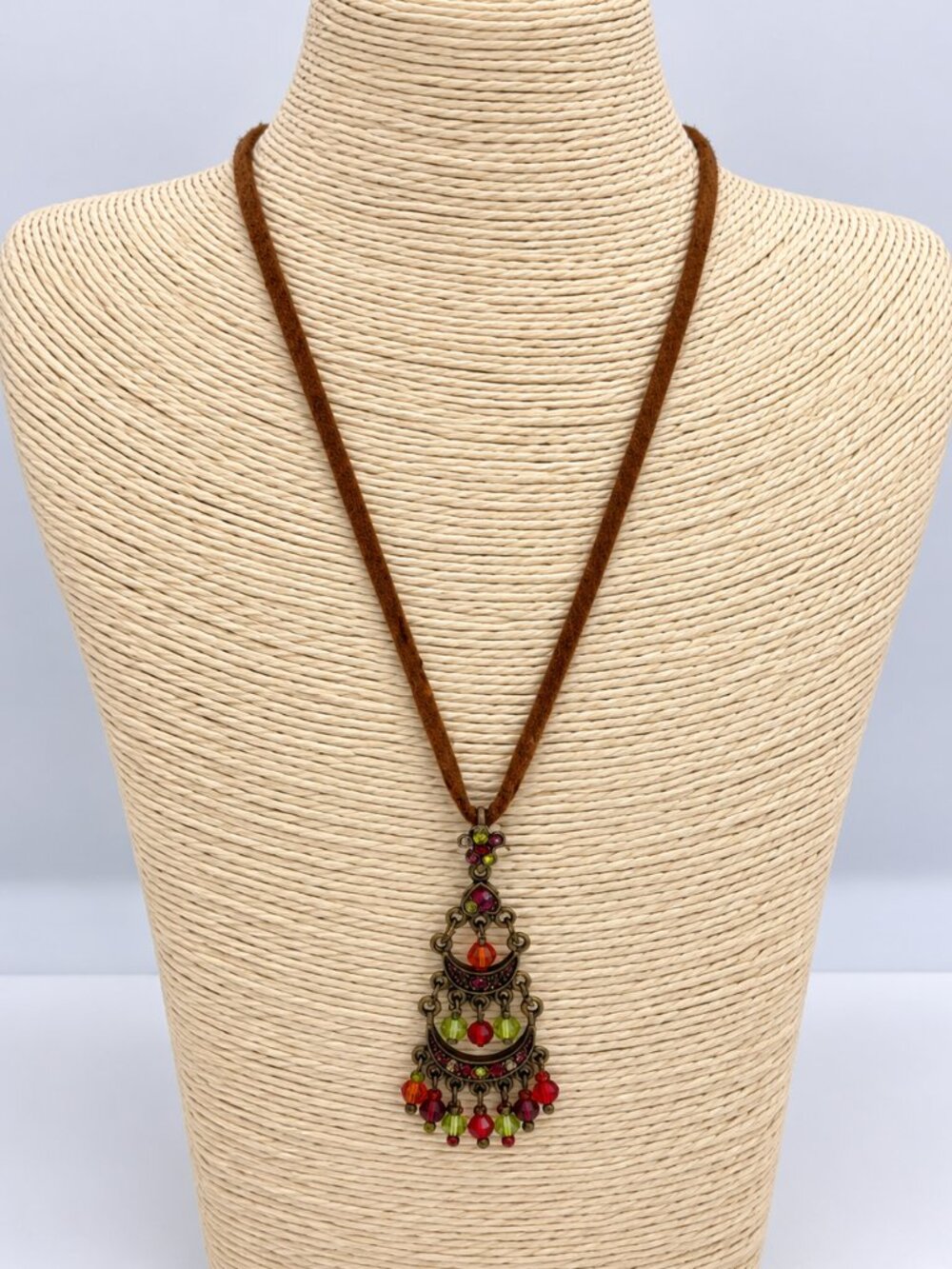 Premier Designs Boho Beaded Pendant Necklace Brown Cord Multicolor Like New
